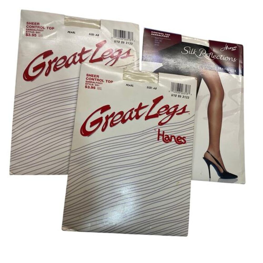 Pantyhose lot 3‎ Size AB Control Top Sandalfoot White Pearl stockings VTG retro